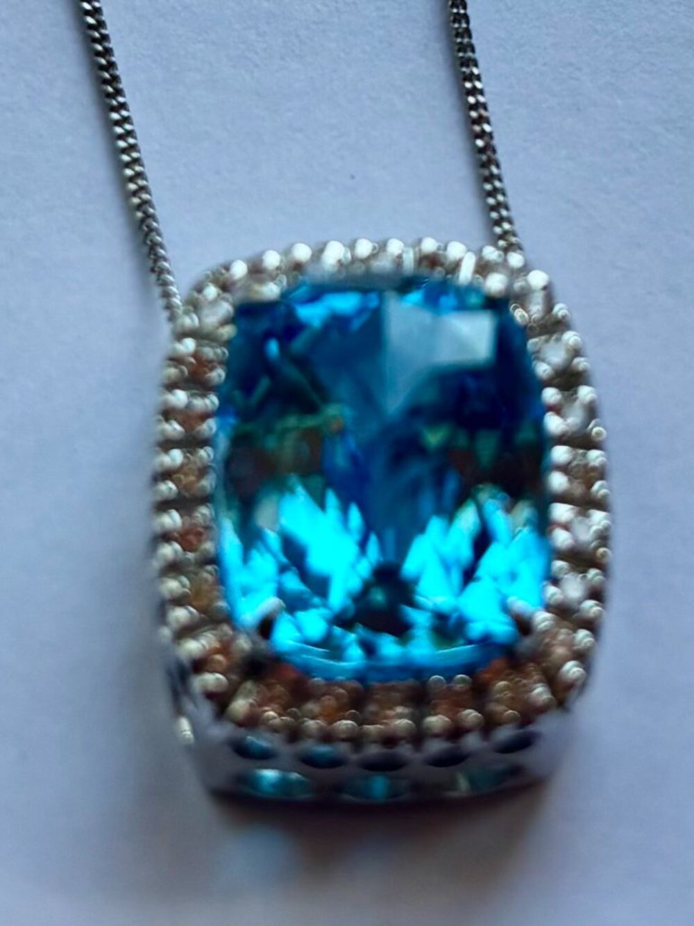 London Blue Topas and Diamonds Halo style 14k white gold Pendant with chain - Picture 5 of 9
